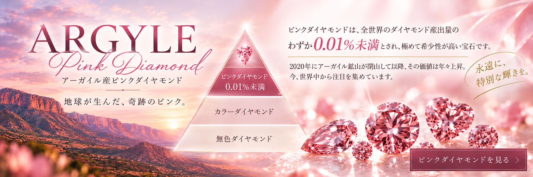 ARGYLE Pink Diamond アーガイル産ピンクダイヤモンド。地球が生んだ、奇跡のピンク。ピンクダイヤモンドの商品一覧を見る